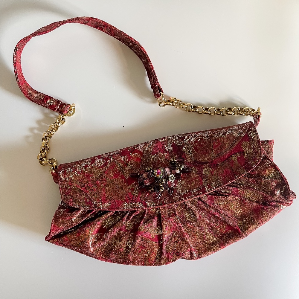 Vintage J. Renee Cranapple & Gold Paisley Print Handbag-Tags